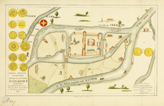 214256 Plattegrond van de burcht Trecht met directe omgeving, met weergave van wegen, de rivier de (Oude) Rijn en de ...